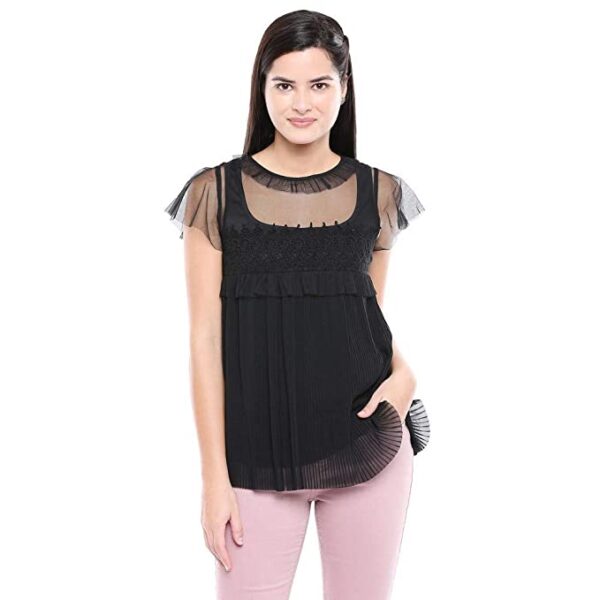 Womens Round Neck Solid Lace Yoke Top