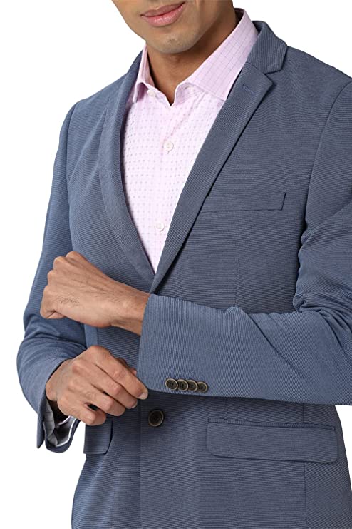 Men's Textured Slim Fit Blue Blazer - Image 3
